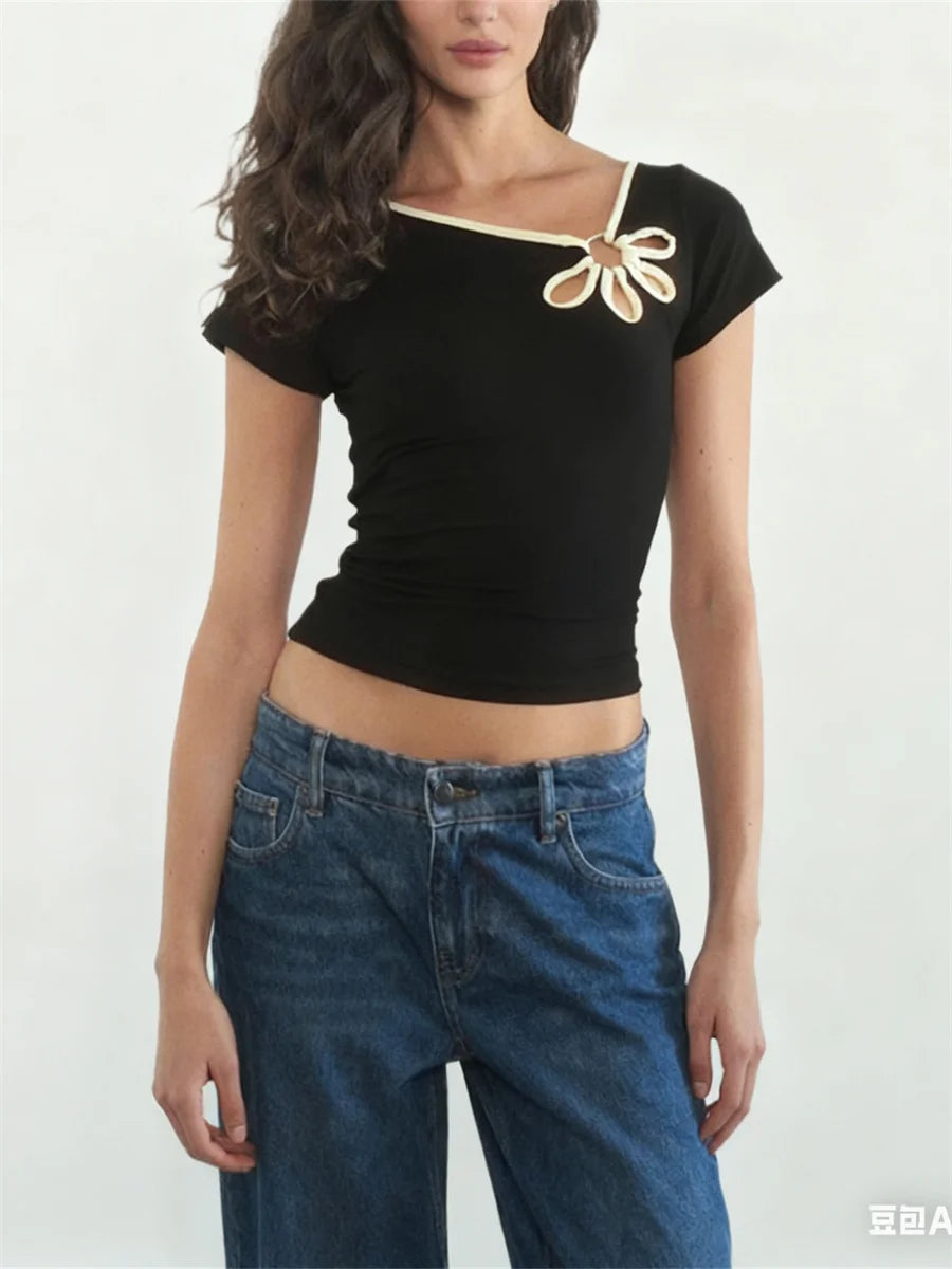 Nostalgic Streetwear Tee With Hollow Flower Cutout Slim Fit Half Sleeve For Women