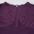 Romantic Purple Lace Patchwork Knit Top With Elegant V Neck