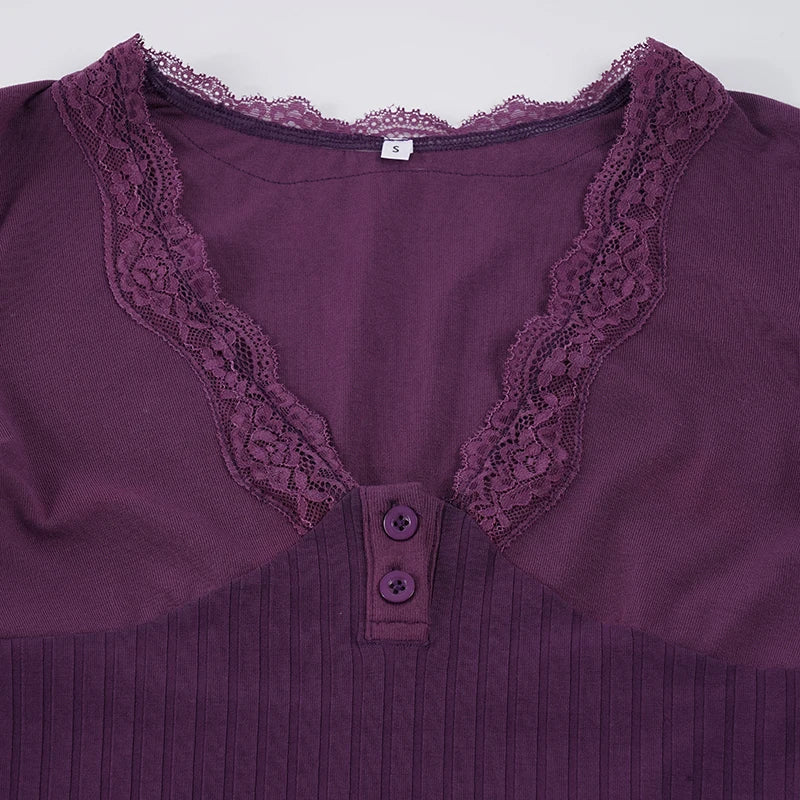 Romantic Purple Lace Patchwork Knit Top With Elegant V Neck
