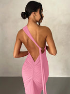 One Shoulder Backless Ruched Slim Long Dress