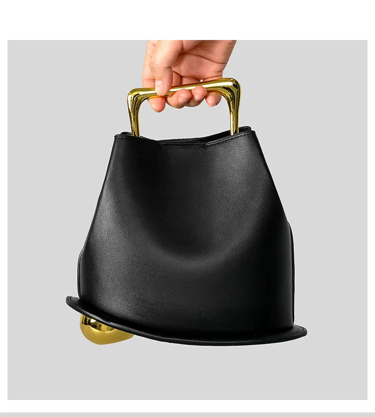 Gold Metallic Irregular Bucket Bag With Ball Base Leather Tote
