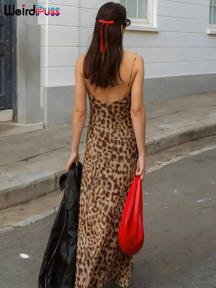 Leopard Print Spaghetti Strap Backless Dress With Ruffle Hem