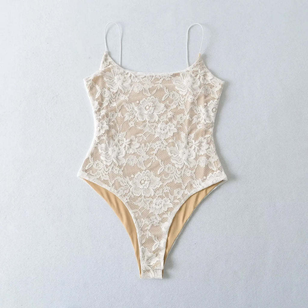 Sexy Lace See Through Bodysuit With Lining Elastic Spaghetti Straps Slim Fit