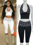 Patchwork Polka Dot Print Two Piece Set With Backless Halter Crop Top And Pleated Waist Capri Pants