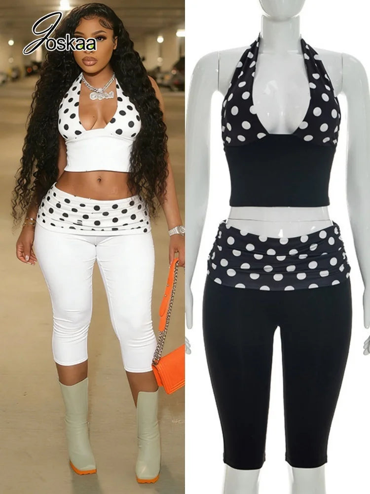 Patchwork Polka Dot Print Two Piece Set With Backless Halter Crop Top And Pleated Waist Capri Pants