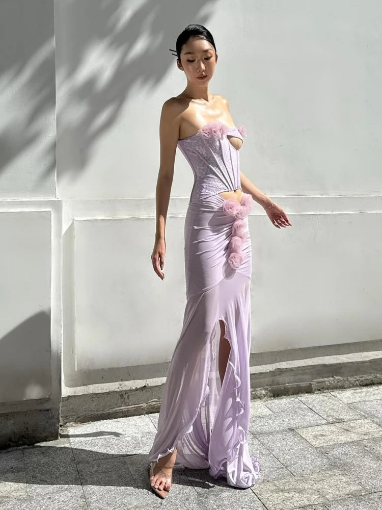 One Shoulder Floral Hollow Out Purple Maxi Dress