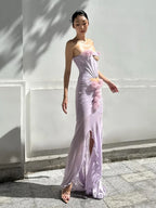 One Shoulder Floral Hollow Out Purple Maxi Dress