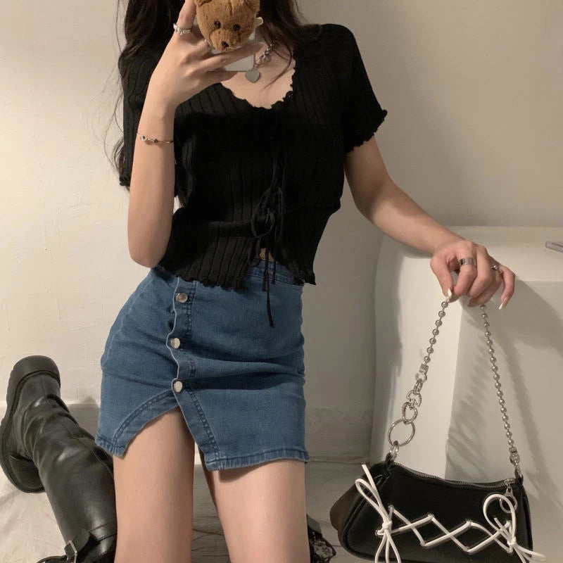Soft Knit V Neck Cropped Ribbed Short Sleeve Tee