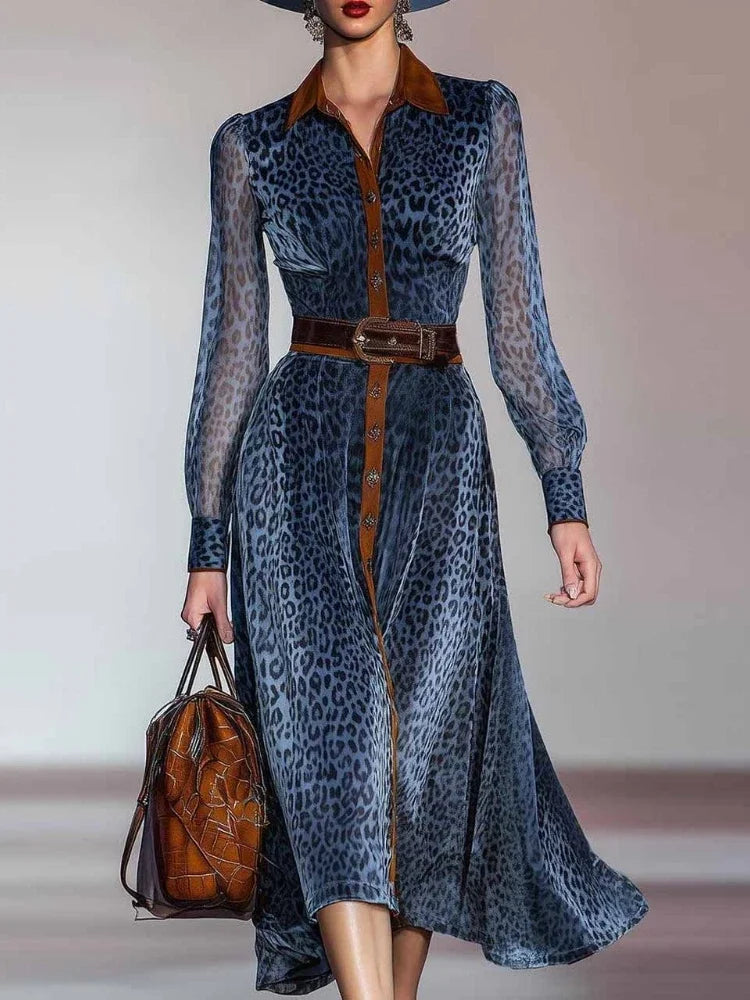 Leopard Print Mesh Dress With Colorblock Panels Elegant Vintage Long Sleeve