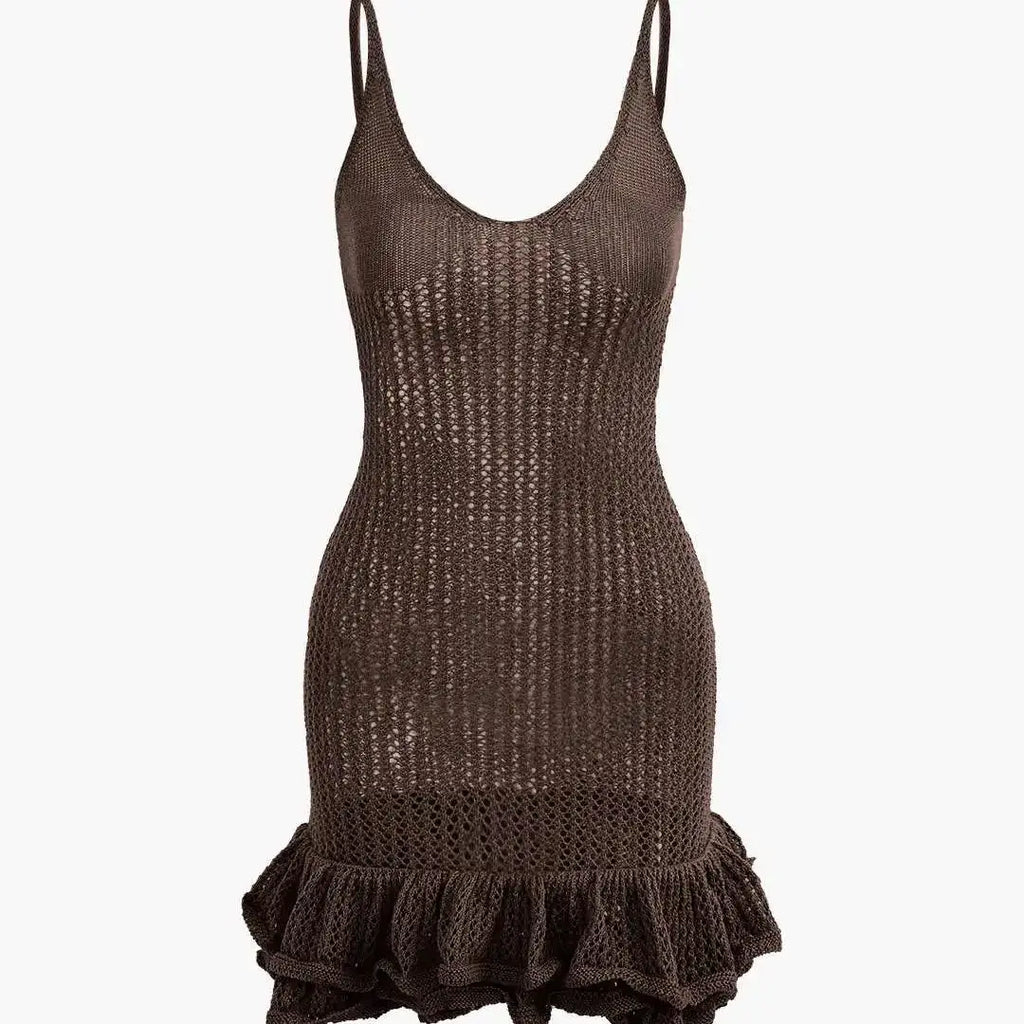 Open Knit Crochet Cami Mini Dress With Ruffle Hem