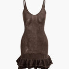 Open Knit Crochet Cami Mini Dress With Ruffle Hem