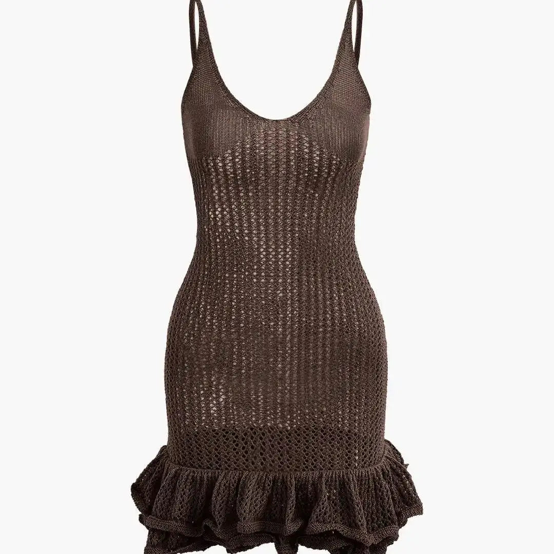 Open Knit Crochet Cami Mini Dress With Ruffle Hem