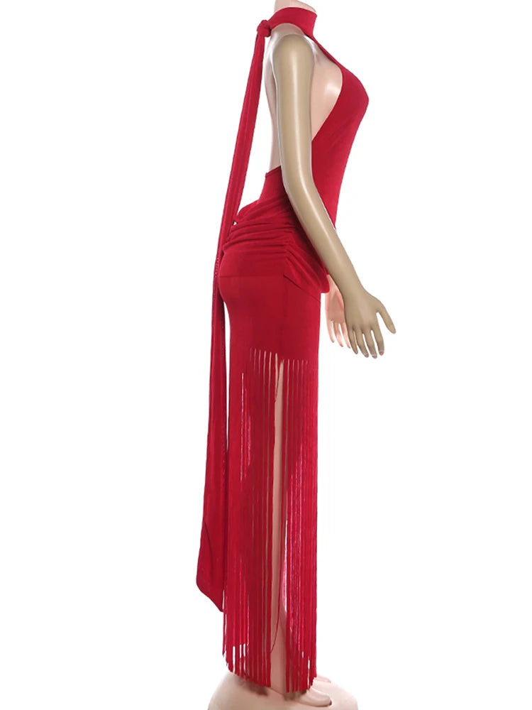 Velvet Halter Turtleneck Backless Mini Dress With Ruched Patchwork Tassel Hem