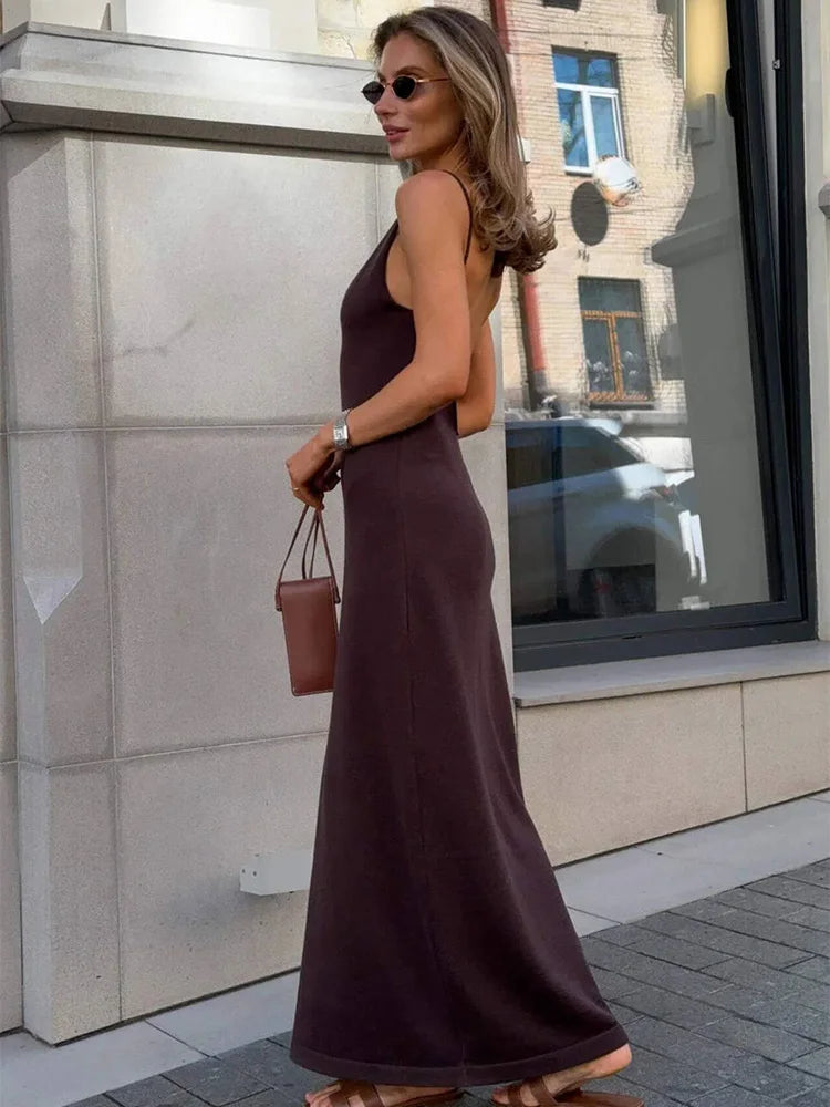 Elegant Deep V Knit Maxi Dress With Backless Suspender Detail