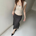 Black Polka Dot Print Midi Skirt With Low Waist Lightweight Knit