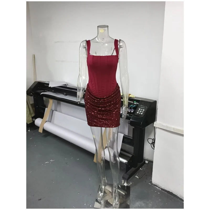 Sequin Patchwork Sling Mini Dress Off Shoulder Backless Waist Cinching Party Gown