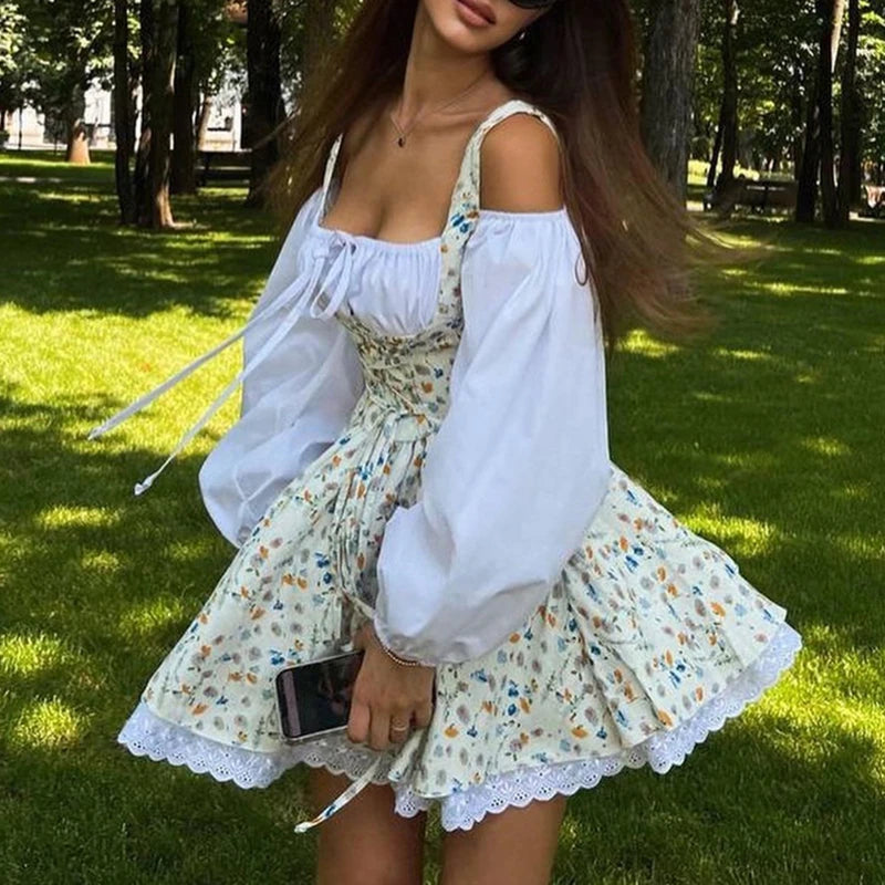 Floral Patchwork Mini Dress With Off Shoulder Square Collar Two Piece Look A Line