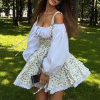 Floral Patchwork Mini Dress With Off Shoulder Square Collar Two Piece Look A Line