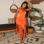 Elegant Halter Backless Ruffles Mini Dress Slim Fit With Tassel Detail