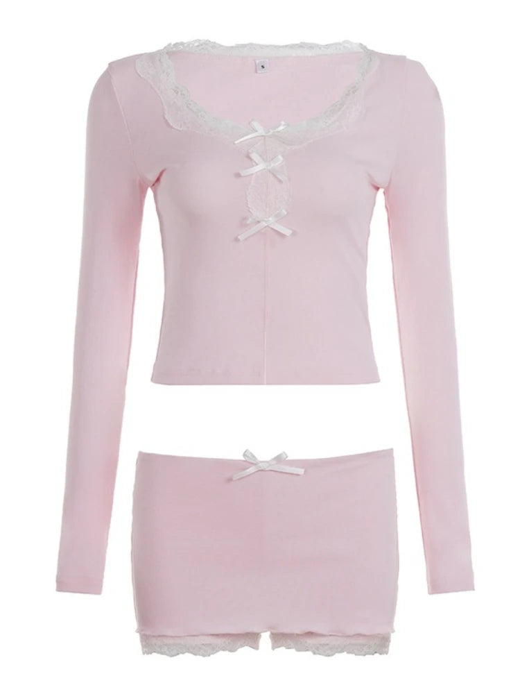 Y2K Hot Girl Lace Hem 2 Piece Set Fashion Bow Long Sleeve Crop Top & Bodycon Mini Skirt Matching Suits