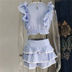 Cotton Plaid Ruffled Top And Shorts Set For Women