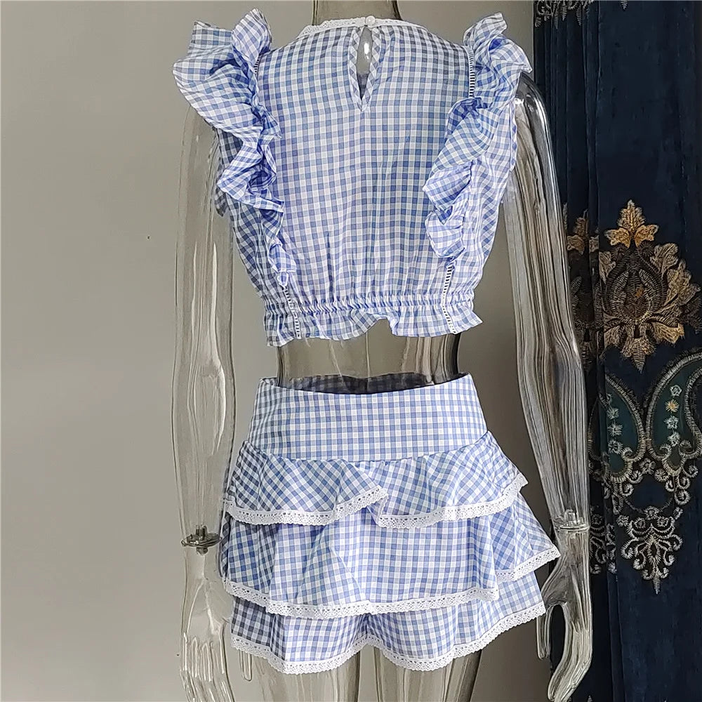 Cotton Plaid Ruffled Top And Shorts Set For Women
