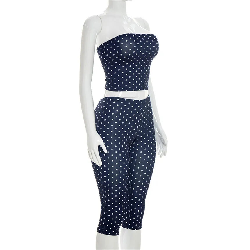 Vintage Polka Dot Two Piece Set Strapless Tube Top And Capri Pants