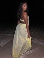 Backless Mesh Beach Dress With Halter Chain Deep V Ruched