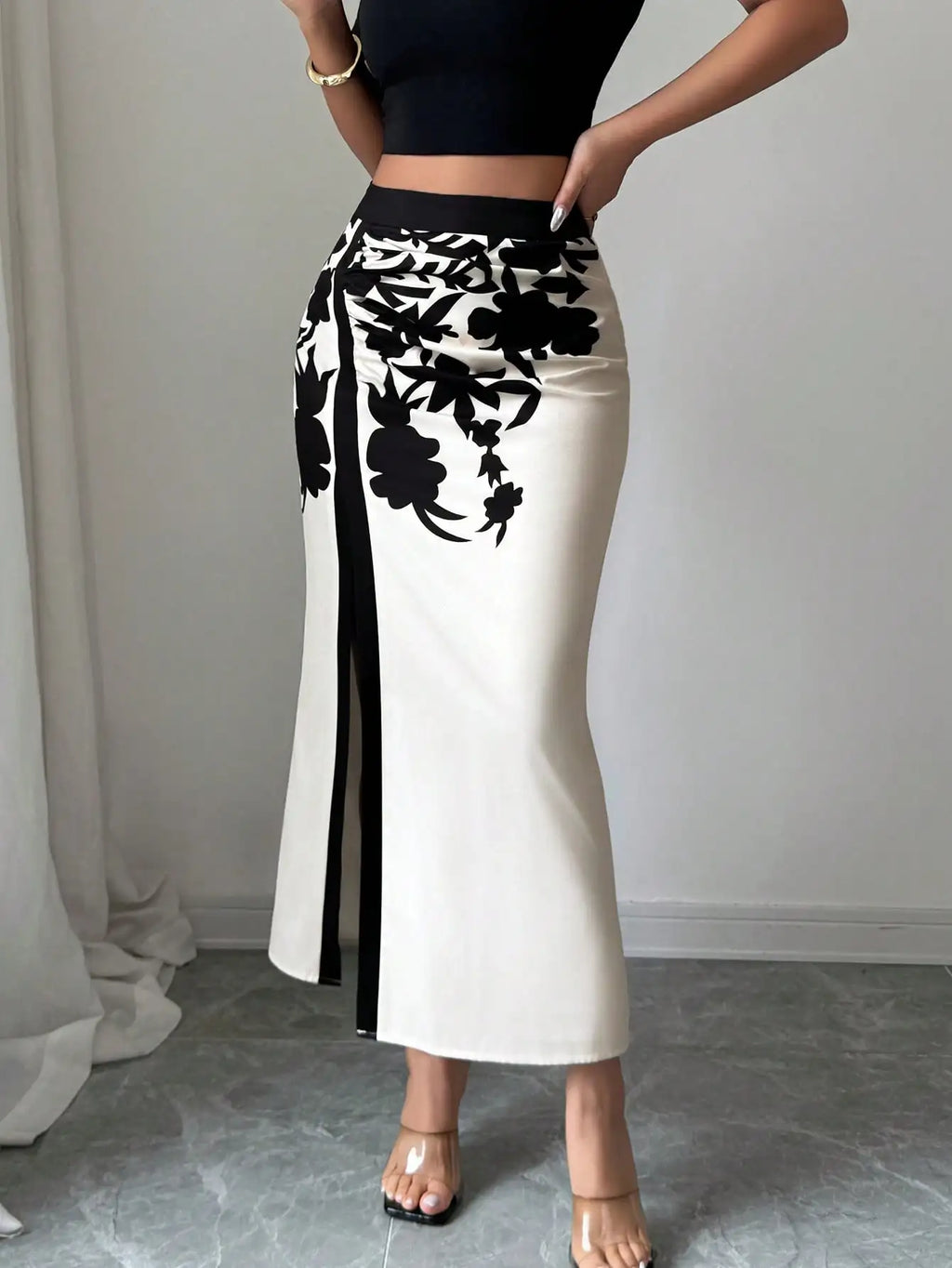 Black Floral Midi Skirt With Ruched And High Slit