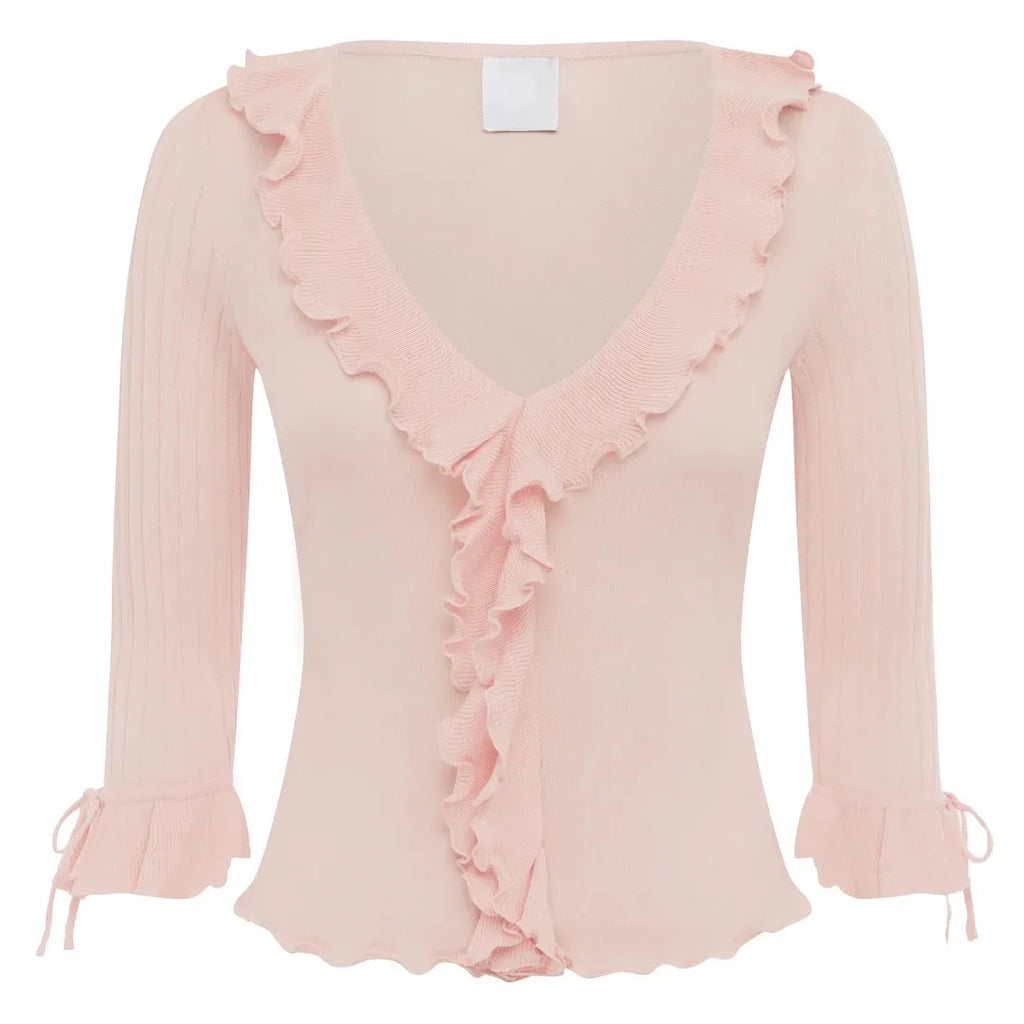 French-Style Ruffled Knit Top With Deep V-Neck Ruched Lace Tie-Up Cuff Short Waist-Exposing Silhouette