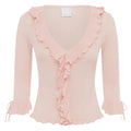 French-Style Ruffled Knit Top With Deep V-Neck Ruched Lace Tie-Up Cuff Short Waist-Exposing Silhouette