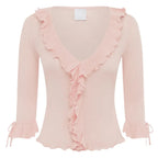 French-Style Ruffled Knit Top With Deep V-Neck Ruched Lace Tie-Up Cuff Short Waist-Exposing Silhouette