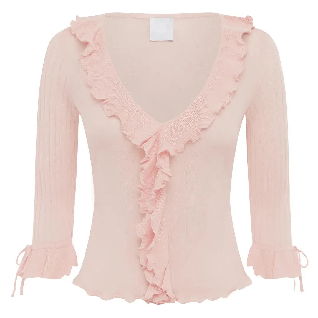 French-Style Ruffled Knit Top With Deep V-Neck Ruched Lace Tie-Up Cuff Short Waist-Exposing Silhouette