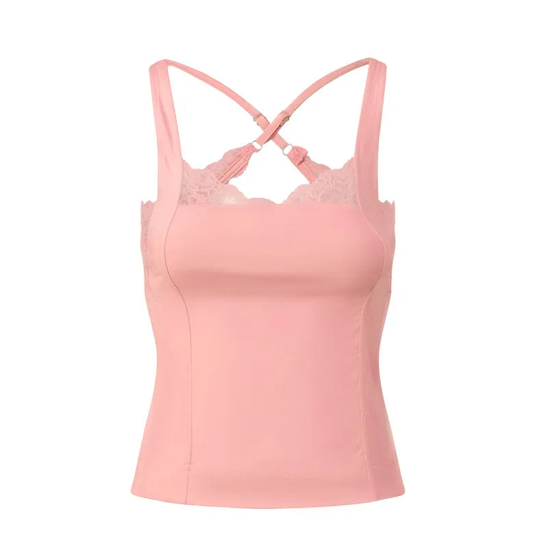 Vintage Y2K Lace Trim Halter Women Sleeveless Backless Camisole Slim Fit Crop Tank Top