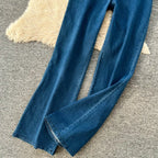Denim Inspired Two Piece Set Strapless Top And High Waist Wide Leg Pants With Zipper