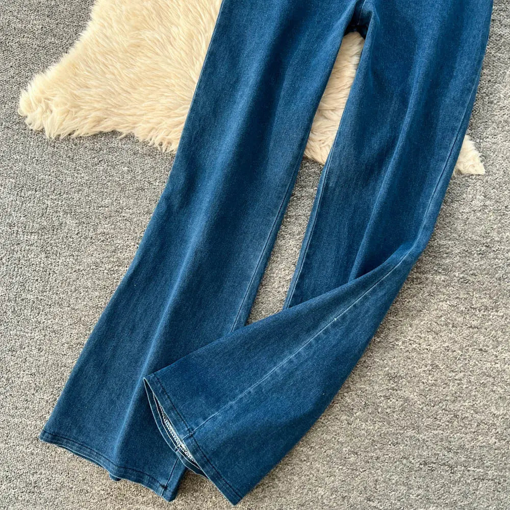 Denim Inspired Two Piece Set Strapless Top And High Waist Wide Leg Pants With Zipper