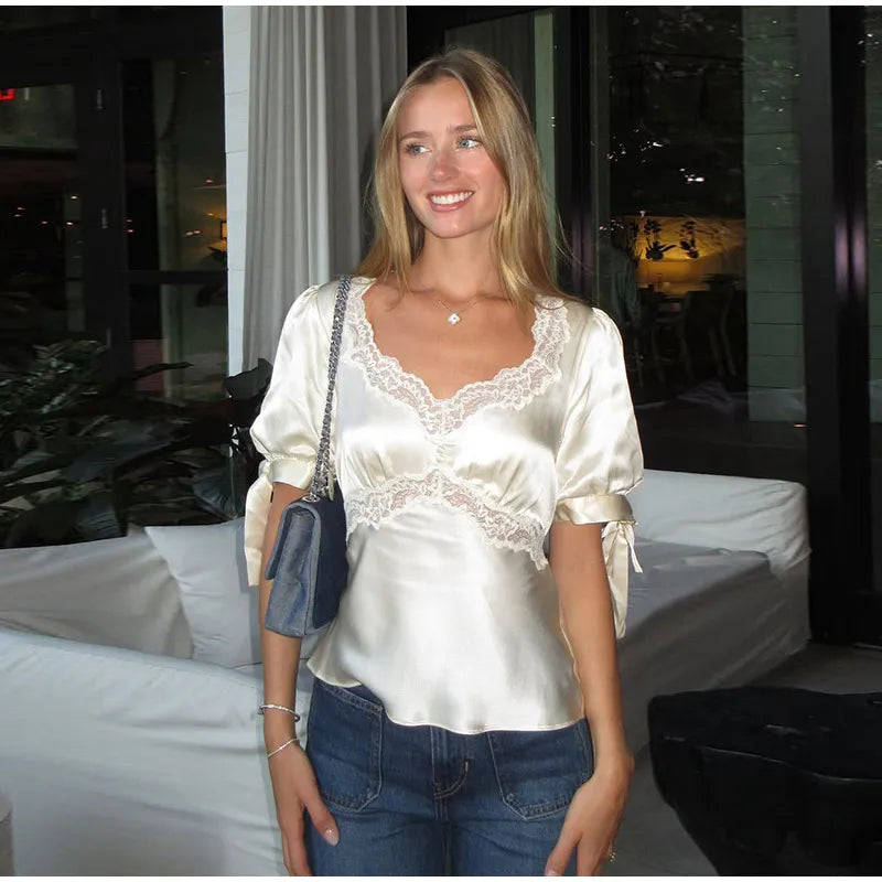 Lace Splicing Female Chic Bow Lace-up V Neck Short Sleeve Shirt