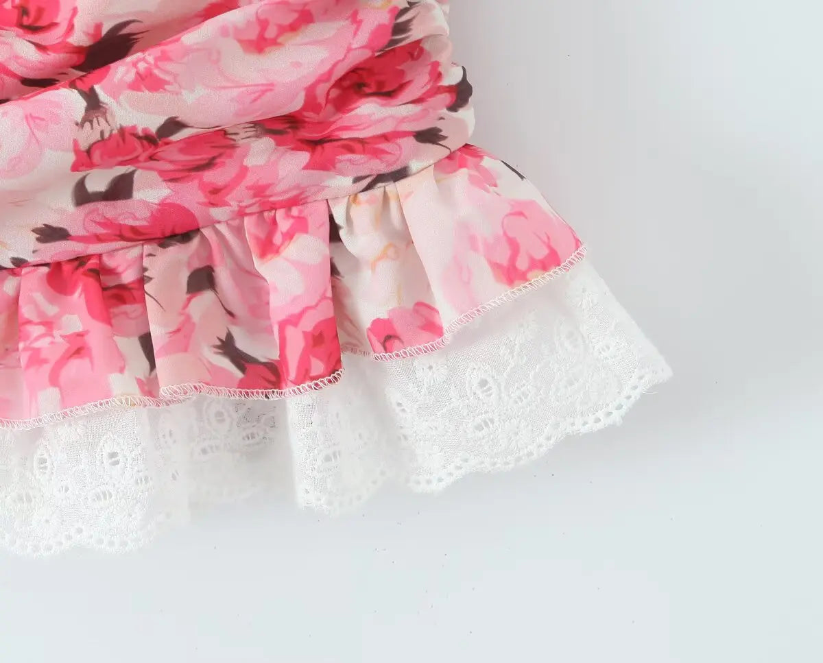 Boho Floral Print 2 Pieces Skirts Set Holiday Summer Women Sexy Backless Halter Top + Mini Skirt