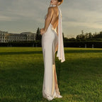 Satin Halter Backless Maxi Dress With Ribbon Tie Sleeveless Evening Gown