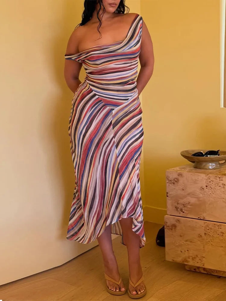 Colorful Stripe Sleeveless Midi Dress