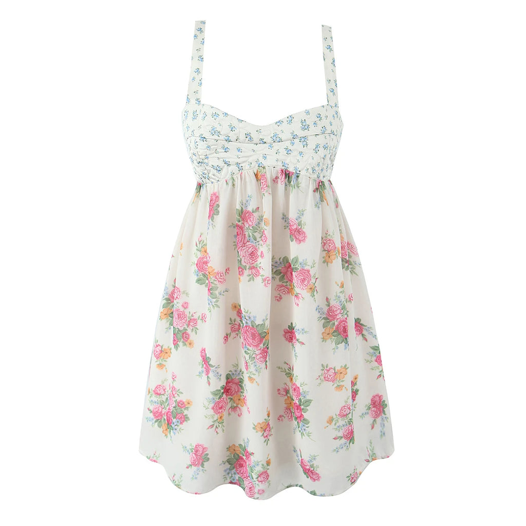 Contrast Color Floral Print Sling Mini V neck Spliced Chest Push Up Back Backless Short Dress