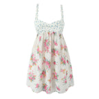 Contrast Color Floral Print Sling Mini V neck Spliced Chest Push Up Back Backless Short Dress