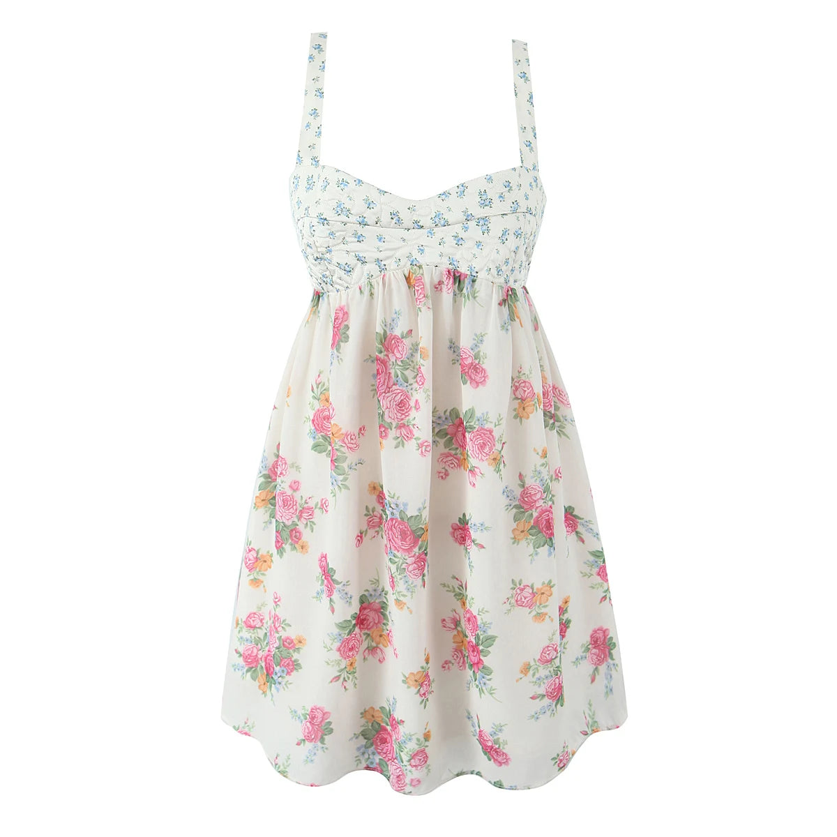 Contrast Color Floral Print Sling Mini V neck Spliced Chest Push Up Back Backless Short Dress
