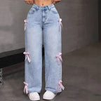 Street Chic Bowknot Denim Jeans With Loose Straight Wide Leg Silhouette In Washed Finish