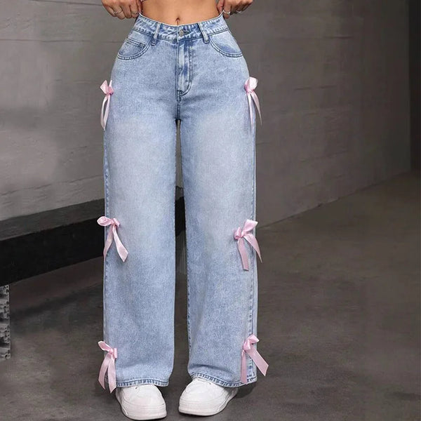 Street Chic Bowknot Denim Jeans With Loose Straight Wide Leg Silhouette In Washed Finish