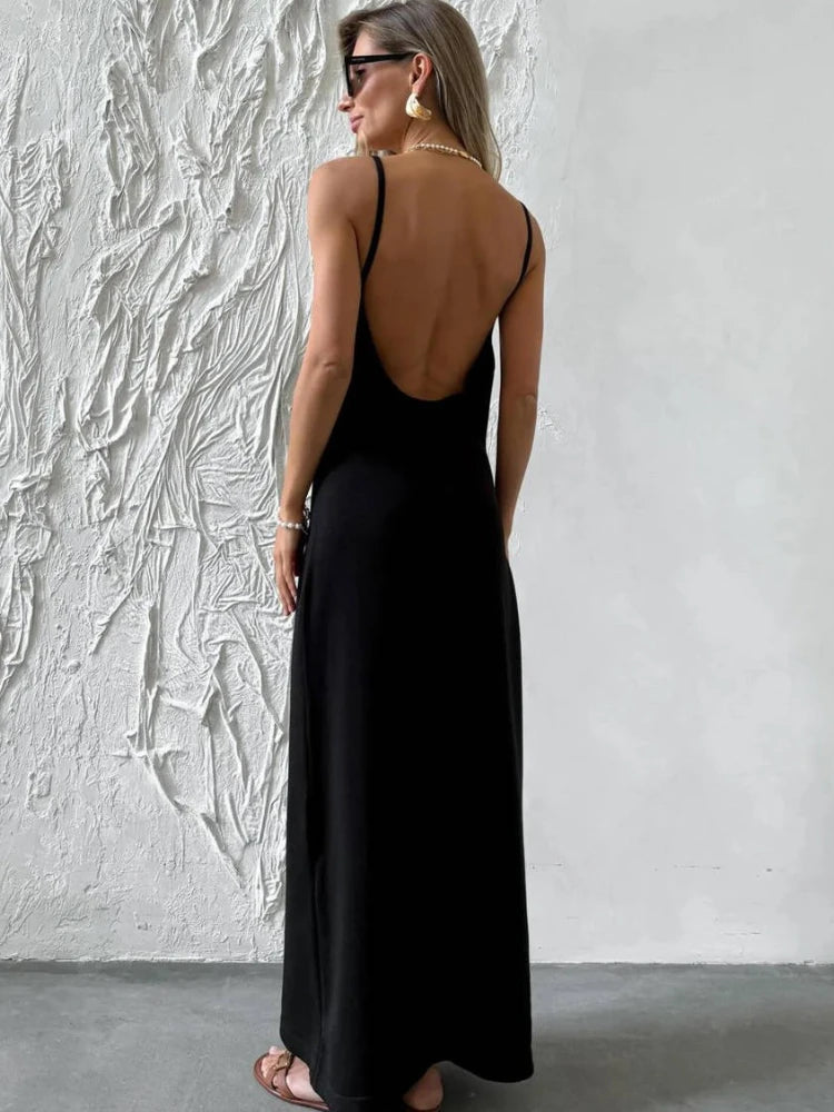 Elegant Deep V Knit Maxi Dress With Backless Suspender Detail