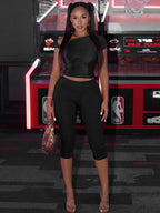 Midnight Knot Crop Top And Capri Set With Diagonal Collar