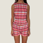 Cozy Two-piece Plaid Shorts Set With Smocked Tank Sleeveless Top And Ruffled Trim