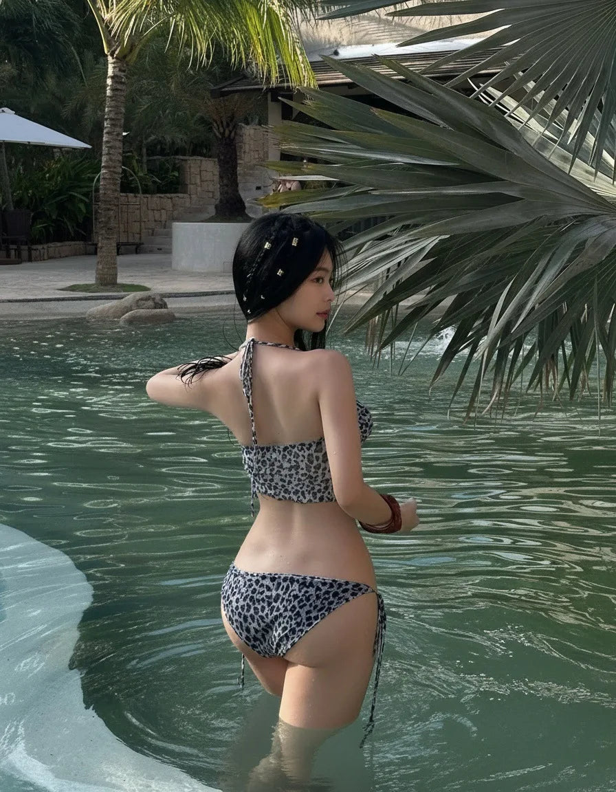 Leopard Print Skirted Bikini Set Backless