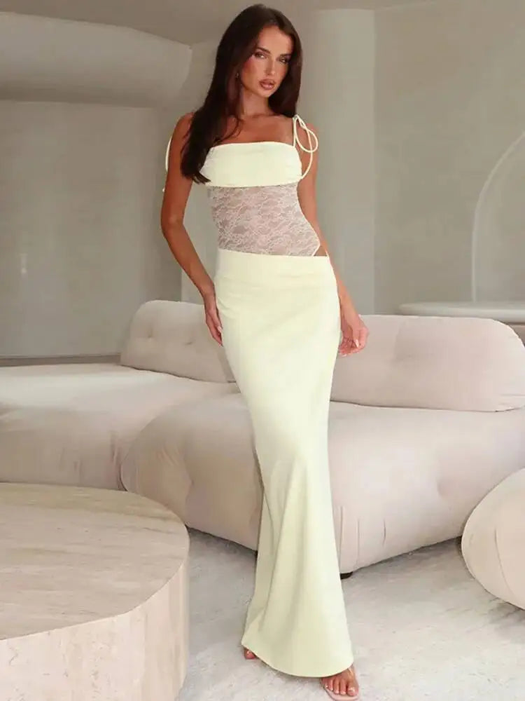 Backless Hollow Mesh Spaghetti Strap Gown Elegant Long Evening Dress